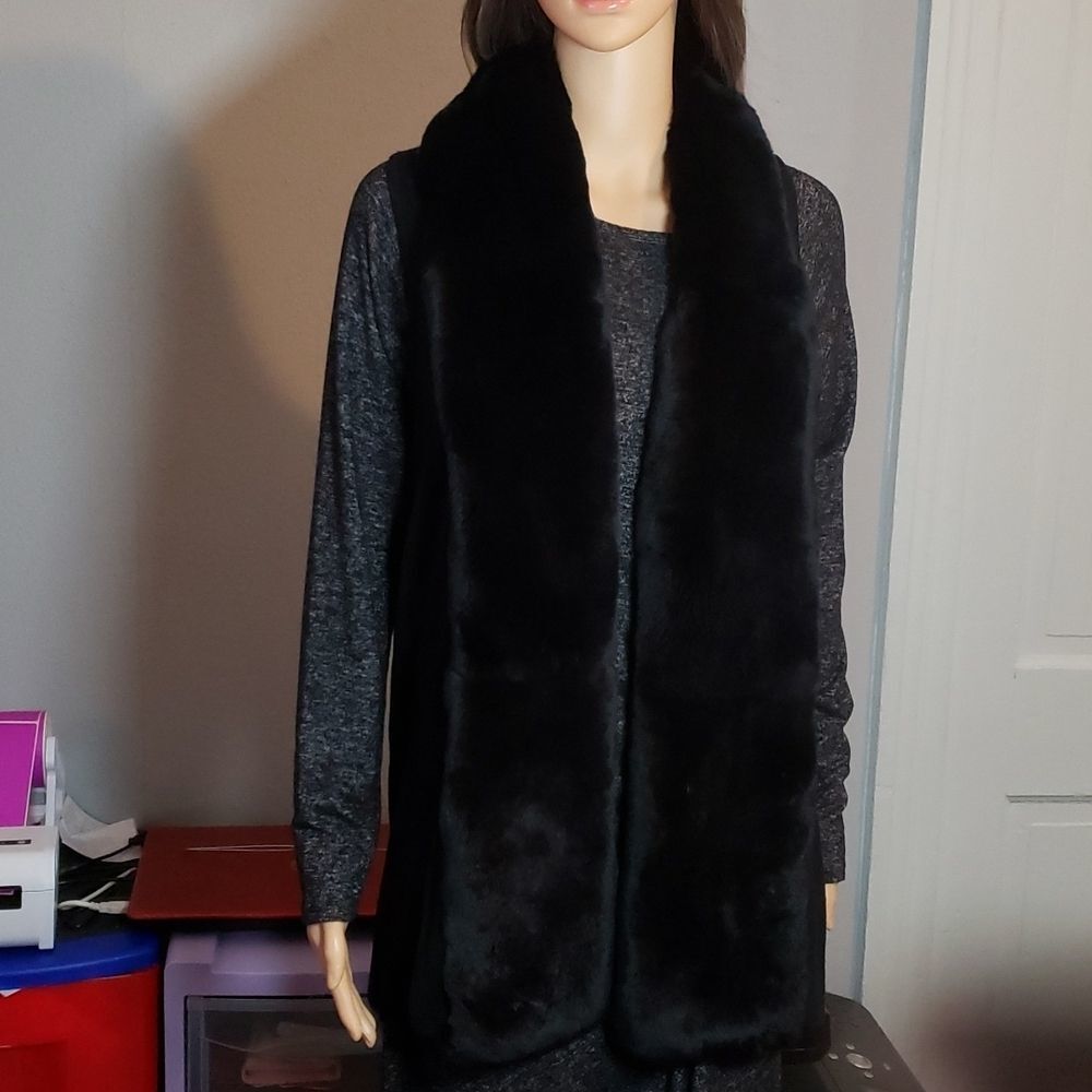 Linda Richards Luxury‎ Black Rex Fur/Wool Vest Large So Very Soft!